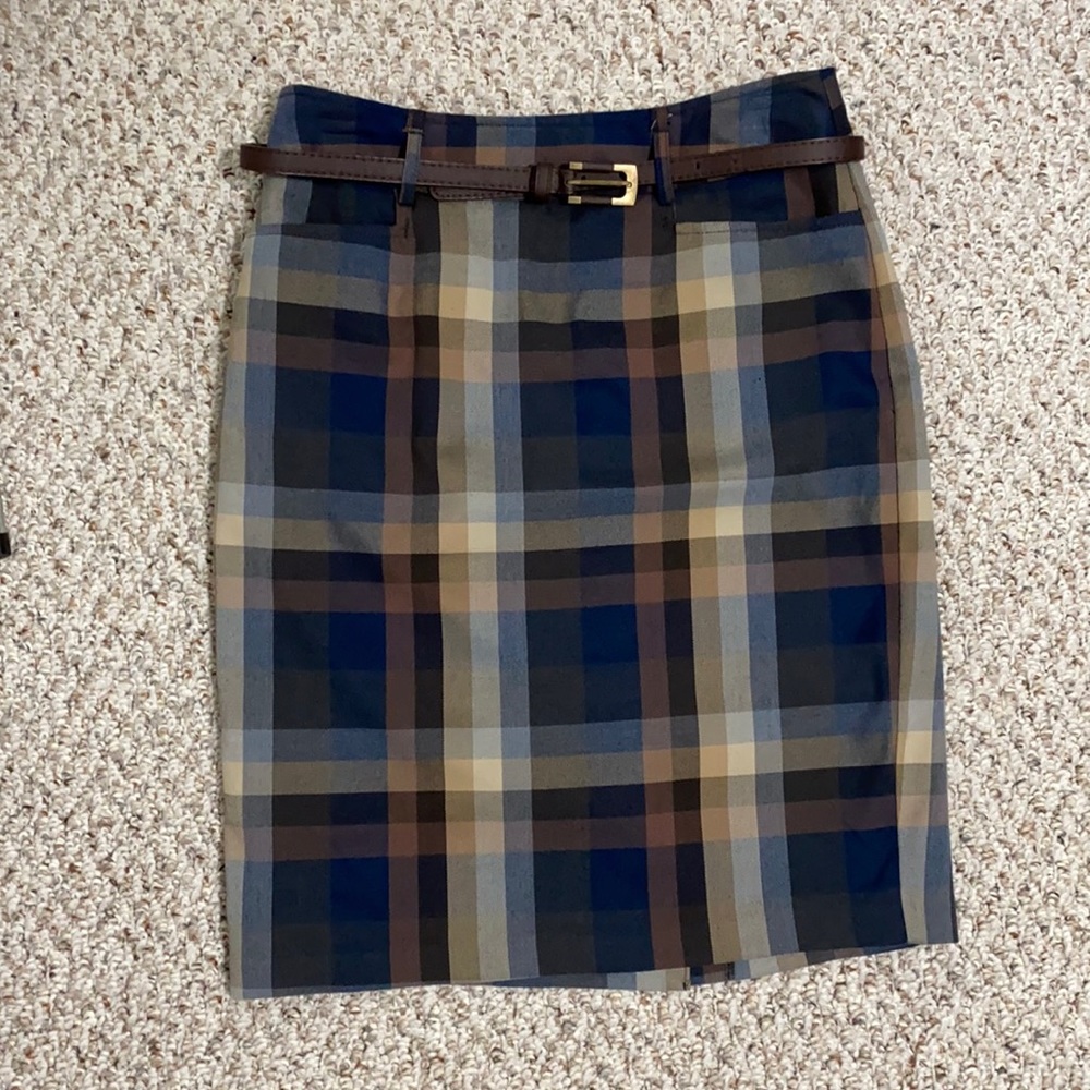 Navy & Neutral Plaid Pencil Skirt